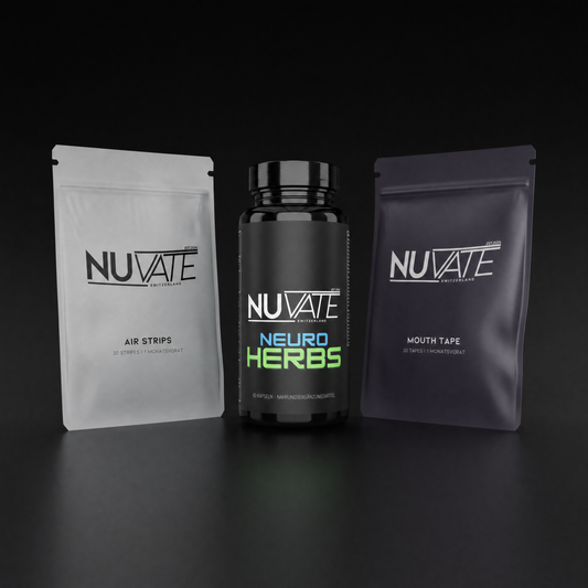 Nuvate Sleep System — Air Strips, Neuro Herbs und Mouth Tape auf schwarzem Hintergrund
