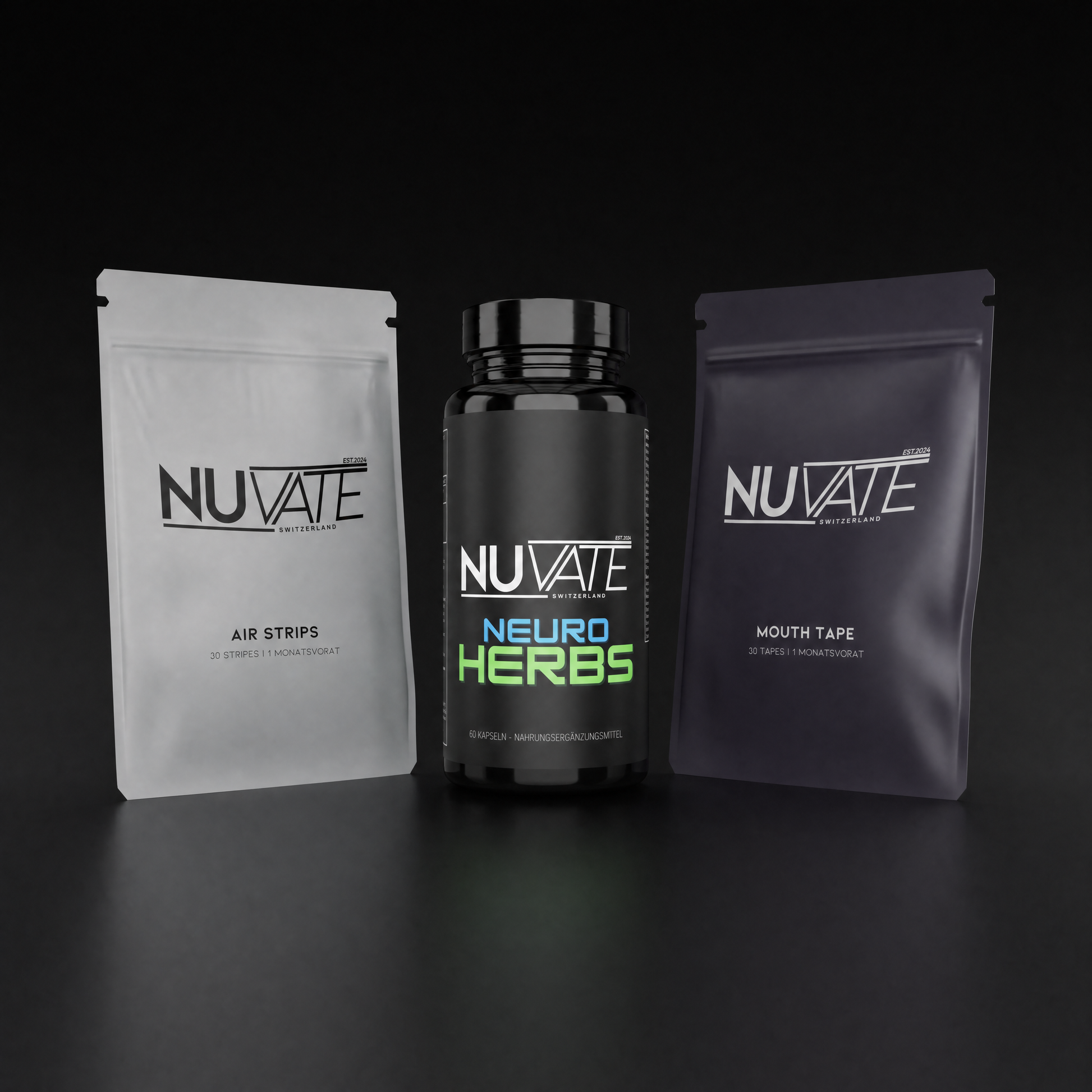 Nuvate Sleep System — Air Strips, Neuro Herbs und Mouth Tape auf schwarzem Hintergrund